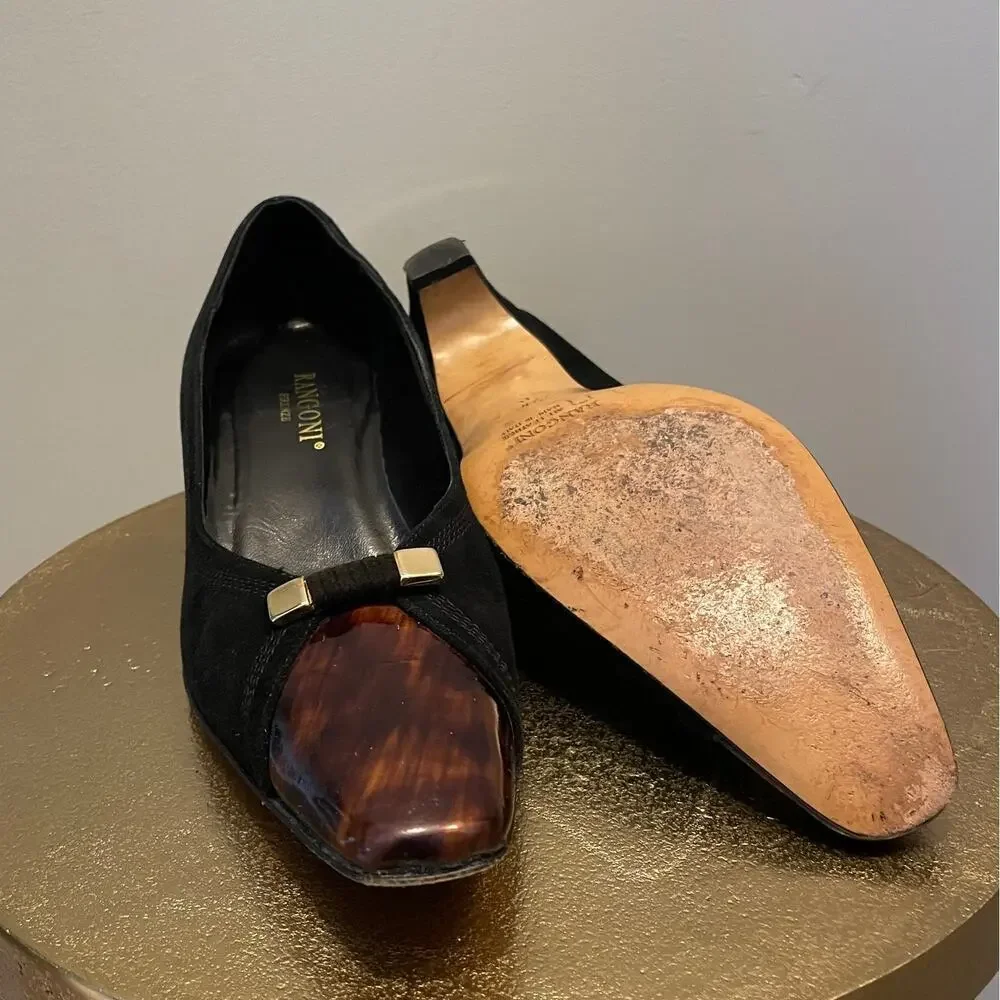 Lanconi Firenze 7.5B Kitten Heels | Black Suede, Tortoiseshell Toe, Rare Vintage